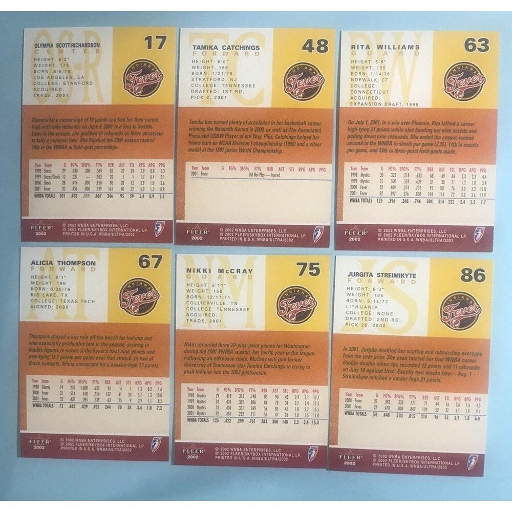 2002 Fleer Ultra Indiana Fever Basketball WNBA  6 cards Tamika Catchings++